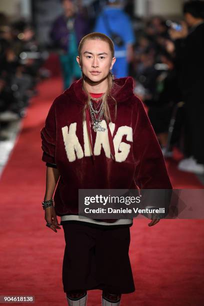 Model walks the runway at the Dolce & Gabbana Unexpected Show during Milan Men's Fashion Week Fall/Winter 2018/19 on January 13, 2018 in Milan, Italy.