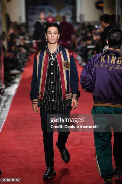 Model walks the runway at the Dolce & Gabbana Unexpected Show during Milan Men's Fashion Week Fall/Winter 2018/19 on January 13, 2018 in Milan, Italy.