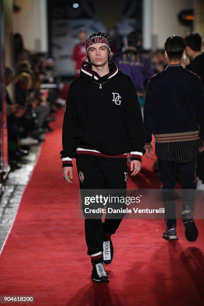 Model walks the runway at the Dolce & Gabbana Unexpected Show during Milan Men's Fashion Week Fall/Winter 2018/19 on January 13, 2018 in Milan, Italy.