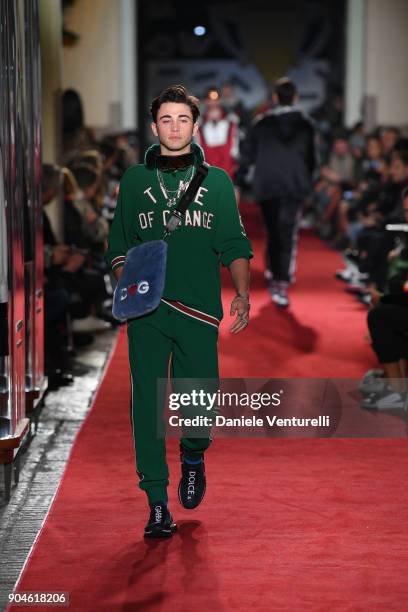 Model walks the runway at the Dolce & Gabbana Unexpected Show during Milan Men's Fashion Week Fall/Winter 2018/19 on January 13, 2018 in Milan, Italy.