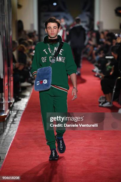 Model walks the runway at the Dolce & Gabbana Unexpected Show during Milan Men's Fashion Week Fall/Winter 2018/19 on January 13, 2018 in Milan, Italy.