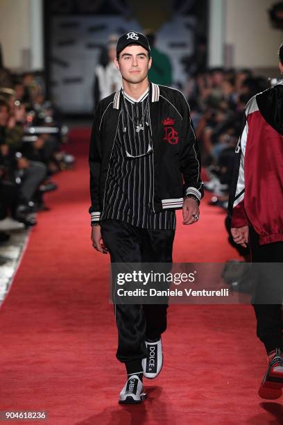 Model walks the runway at the Dolce & Gabbana Unexpected Show during Milan Men's Fashion Week Fall/Winter 2018/19 on January 13, 2018 in Milan, Italy.