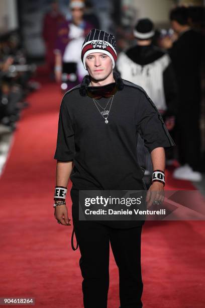 Model walks the runway at the Dolce & Gabbana Unexpected Show during Milan Men's Fashion Week Fall/Winter 2018/19 on January 13, 2018 in Milan, Italy.