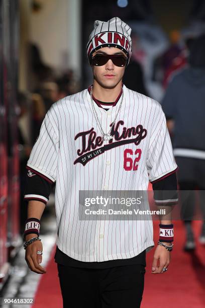 Model walks the runway at the Dolce & Gabbana Unexpected Show during Milan Men's Fashion Week Fall/Winter 2018/19 on January 13, 2018 in Milan, Italy.