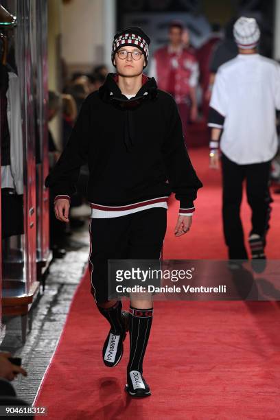 Model walks the runway at the Dolce & Gabbana Unexpected Show during Milan Men's Fashion Week Fall/Winter 2018/19 on January 13, 2018 in Milan, Italy.
