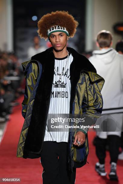 Model walks the runway at the Dolce & Gabbana Unexpected Show during Milan Men's Fashion Week Fall/Winter 2018/19 on January 13, 2018 in Milan, Italy.