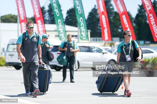 Coach Matthew Elliot of Australia arrives during the ICC U19 Cricket World Cup match between India and Australia at Bay Oval on January 14, 2018 in...