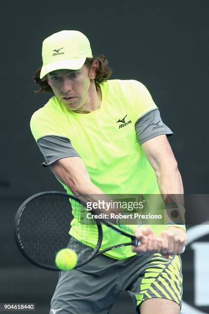John-Patrick Smith of Australia competes in his third round match against Kevin King of United States during 2018 Australian Open Qualifying at...