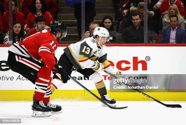 Brendan Leipsic of the Vegas Golden Knights advances the puck under pressure from Cody Franson of the Chicago Blackhawks at the United Center on...