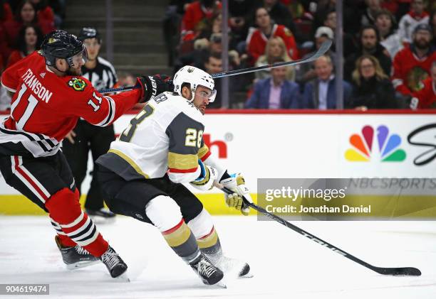 William Carrier of the Vegas Golden Knights advances past Cody Franson of the Chicago Blackhawks at the United Center on January 5, 2018 in Chicago,...