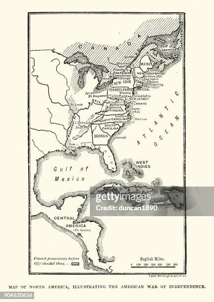 ilustraciones, imágenes clip art, dibujos animados e iconos de stock de mapa de américa del norte, ilustrando la guerra de independencia americana - guerra de la independencia de estados unidos