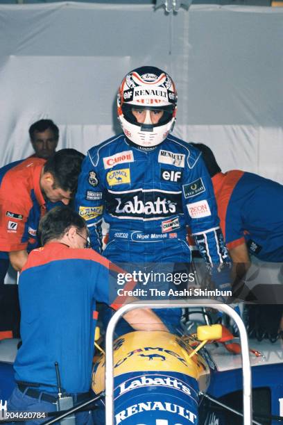 Nigel Mansell of Great Britain and Williams-Renault is seen prior to the F1 Japanese Grand Prix at Suzuka Circuit on October 20, 1991 in Suzuka, Mie,...