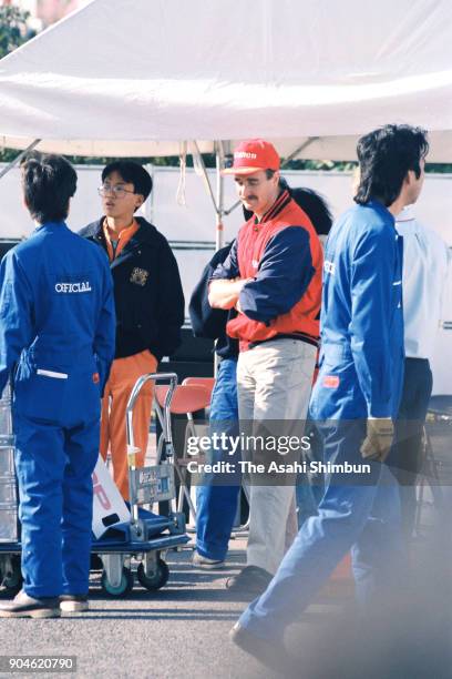 Retired Nigel Mansell of Great Britain is seen during the F1 Japanese Grand Prix at Suzuka Circuit on October 20, 1991 in Suzuka, Mie, Japan.