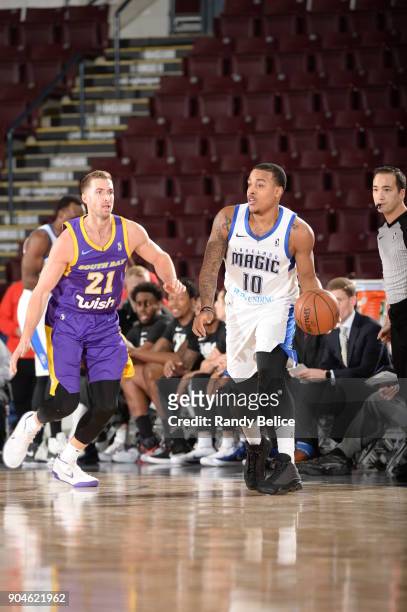Troy Caupain of the Lakeland Magic handles the ball during the NBA G-League Showcase Game 24 between the South Bay Lakers and the Lakeland Magic on...
