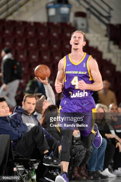 Alex Caruso of the South Bay Lakers reacts during the NBA G-League Showcase Game 24 between the South Bay Lakers and the Lakeland Magic on January...