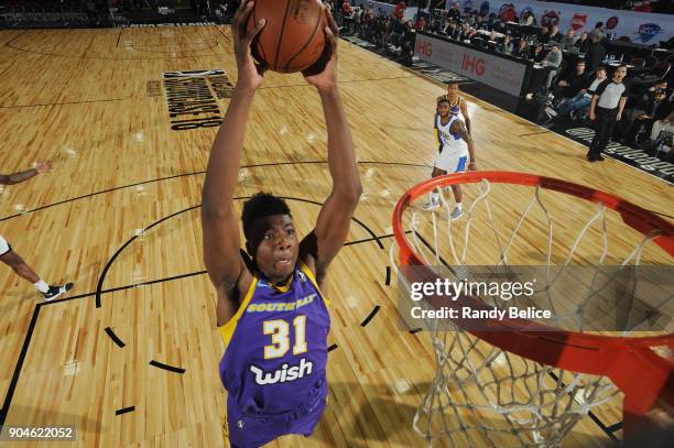 Thomas Bryant of the South Bay Lakers drives to the basket during the NBA G-League Showcase Game 24 between the South Bay Lakers and the Lakeland...