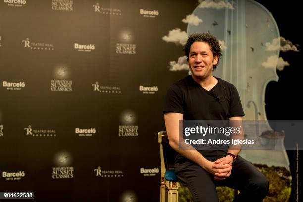 Gustavo Dudamel speaks to the press at The Royal Theater on January 13, 2018 in Madrid, Spain.