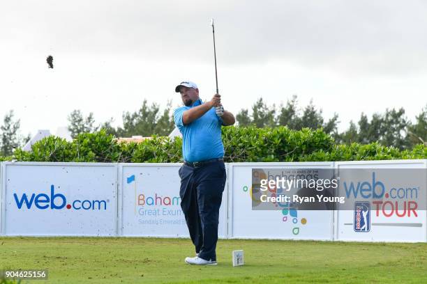Brendon de Jonge tees off on the 11th hole during the first round of the Web.com Tour's The Bahamas Great Exuma Classic at Sandals Emerald Bay -...