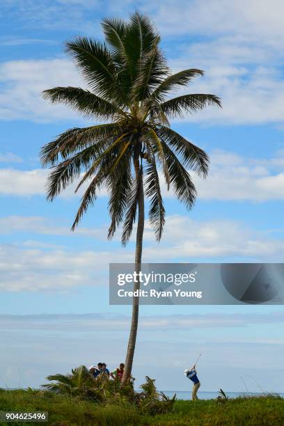 Jim Knous plays his shot from the 14th tee during the first round of the Web.com Tour's The Bahamas Great Exuma Classic at Sandals Emerald Bay -...