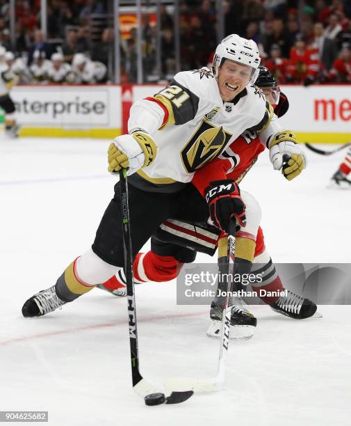 Cody Eakin of the Vegas Golden Knights is pressured by Gustav Forsling of the Chicago Blackhawks at the United Center on January 5, 2018 in Chicago,...