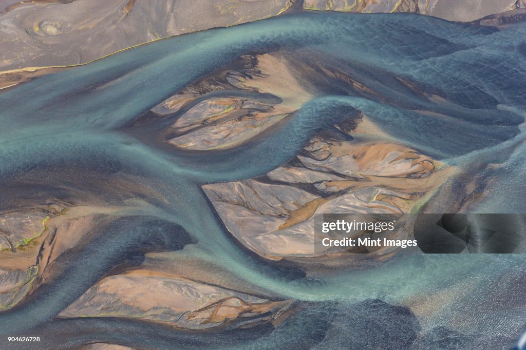 Aerial view of landscape with river coloured by glacial melt.