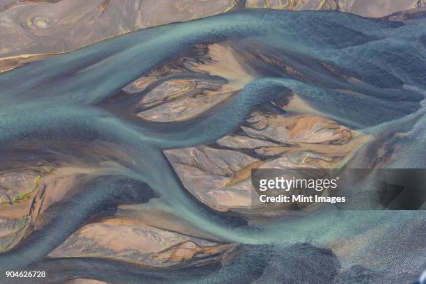 Aerial view of landscape with river coloured by glacial melt.