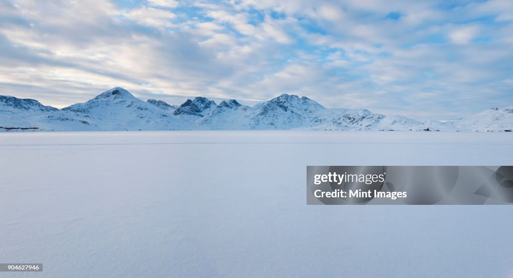 Winter landscape under a cloudy sky, with mountains in the distance.