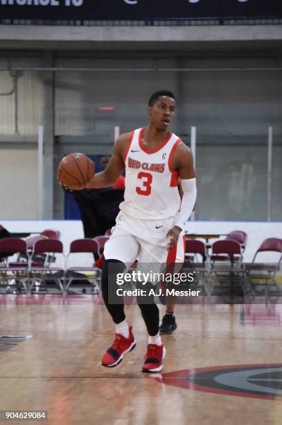 Daniel Dixon of the Maine Red Claws handles the ball during the NBA G-League Showcase Game 25 between the Memphis Hustle and the Maine Red Claws on...