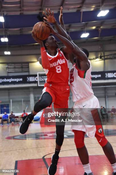 Shaquille Thomas of the Memphis Hustle handles the ball during the NBA G-League Showcase Game 25 between the Memphis Hustle and the Maine Red Claws...