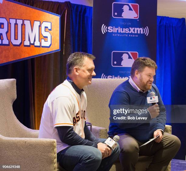 Hinch and SiriusXM radio host Mike Ferrin attend SiriusXM Town Hall With Houston Astros World Series Manager A.J. Hinch on January 13, 2018 in...