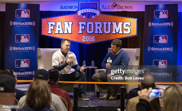 Hinch and SiriusXM radio host Mike Ferrin attend SiriusXM Town Hall With Houston Astros World Series Manager A.J. Hinch on January 13, 2018 in...