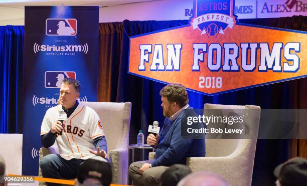 Hinch and SiriusXM radio host Mike Ferrin attend SiriusXM Town Hall With Houston Astros World Series Manager A.J. Hinch on January 13, 2018 in...