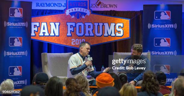 Hinch and SiriusXM radio host Mike Ferrin attend SiriusXM Town Hall With Houston Astros World Series Manager A.J. Hinch on January 13, 2018 in...