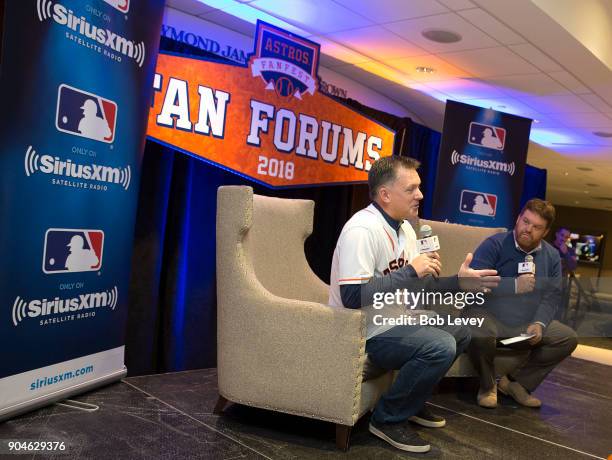 Hinch and SiriusXM radio host Mike Ferrin attend SiriusXM Town Hall With Houston Astros World Series Manager A.J. Hinch on January 13, 2018 in...