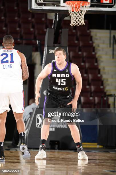 Jack Cooley of the Reno Bighorns goes on the defense against the Delaware 87ers during NBA G-League Showcase Game 26 on January 13, 2018 at the...