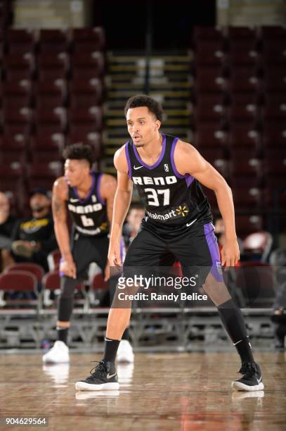 Reggie Hearn of the Reno Bighorns goes on the defense against the Delaware 87ers during NBA G-League Showcase Game 26 on January 13, 2018 at the...