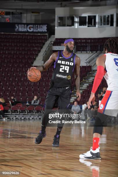 JaKarr Sampson of the Reno Bighorns dribbles the ball against the Delaware 87ers during NBA G-League Showcase Game 26 on January 13, 2018 at the...