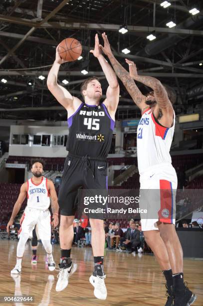 Jack Cooley of the Reno Bighorns drives to the basket against the Delaware 87ers during NBA G-League Showcase Game 26 on January 13, 2018 at the...