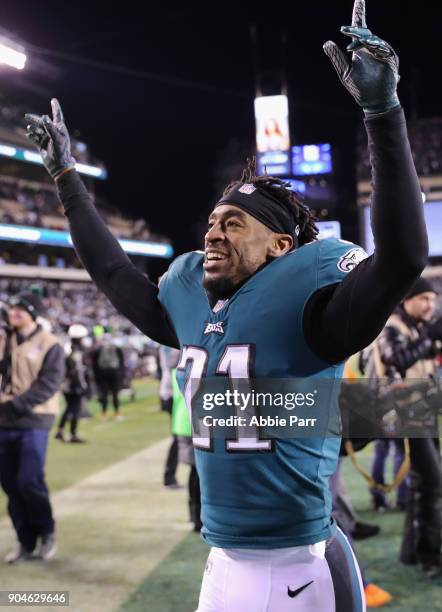 Cornerback Patrick Robinson of the Philadelphia Eagles celebrates as he walks off the field after their 15-10 win over the Atlanta Falcons in the NFC...