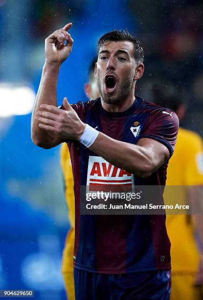 Sergi Enrich of SD Eibar reacts during the La Liga match between SD Eibar and Atletico Madrid at Ipurua Municipal Stadium on January 13, 2018 in...