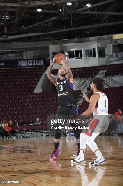 Marcus Williams of the Reno Bighorns shoots the ball against the Delaware 87ers during NBA G-League Showcase Game 26 on January 13, 2018 at the...