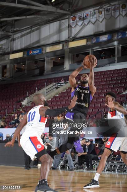 Aaron Harrison of the Reno Bighorns shoots the ball against the Delaware 87ers during NBA G-League Showcase Game 26 on January 13, 2018 at the...