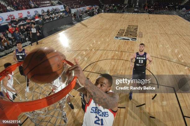 Shawn Long of the Delaware 87ers drives to the basket against the Reno Bighorns during NBA G-League Showcase Game 26 on January 13, 2018 at the...