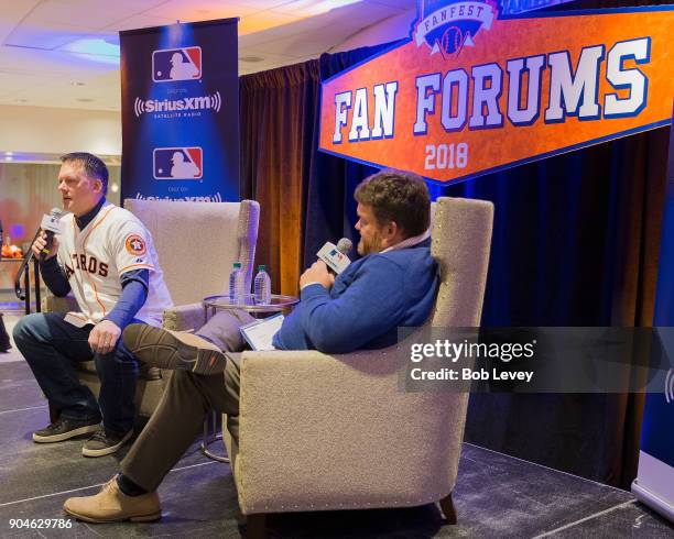 Hinch and SiriusXM radio host Mike Ferrin attend SiriusXM Town Hall With Houston Astros World Series Manager A.J. Hinch on January 13, 2018 in...