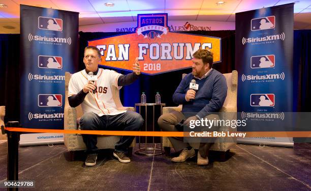 Hinch and SiriusXM radio host Mike Ferrin attend SiriusXM Town Hall With Houston Astros World Series Manager A.J. Hinch on January 13, 2018 in...