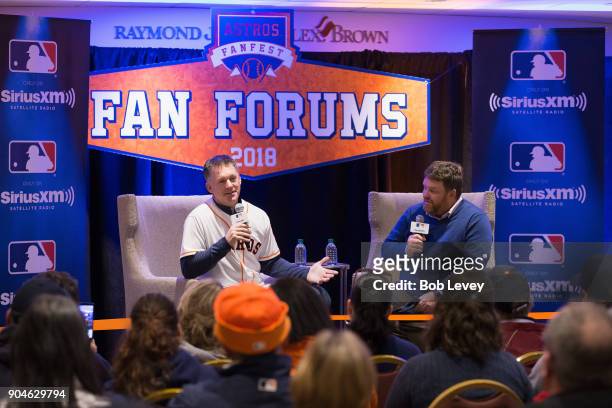 Hinch and SiriusXM radio host Mike Ferrin attend SiriusXM Town Hall With Houston Astros World Series Manager A.J. Hinch on January 13, 2018 in...