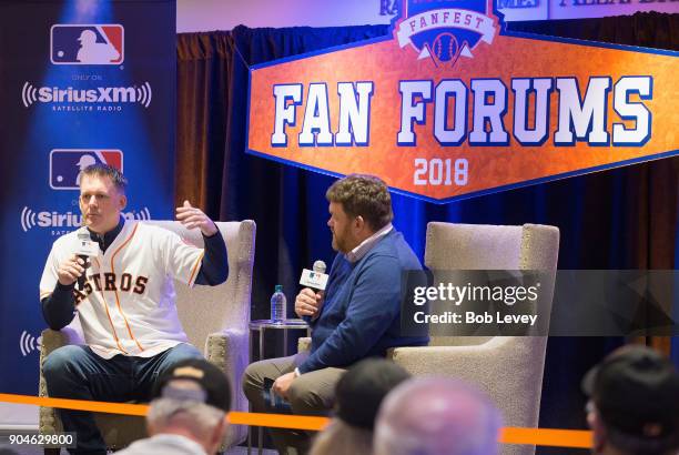 Hinch and SiriusXM radio host Mike Ferrin attend SiriusXM Town Hall With Houston Astros World Series Manager A.J. Hinch on January 13, 2018 in...