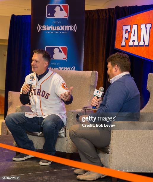 Hinch and SiriusXM radio host Mike Ferrin attend SiriusXM Town Hall With Houston Astros World Series Manager A.J. Hinch on January 13, 2018 in...