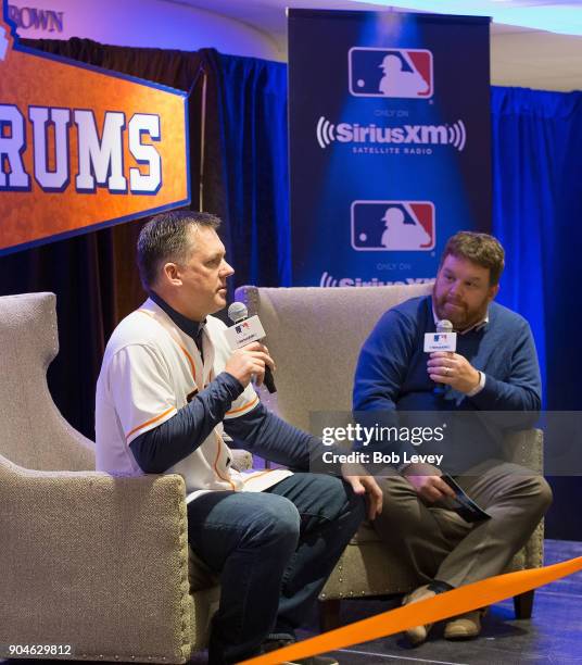 Hinch and SiriusXM radio host Mike Ferrin attend SiriusXM Town Hall With Houston Astros World Series Manager A.J. Hinch on January 13, 2018 in...