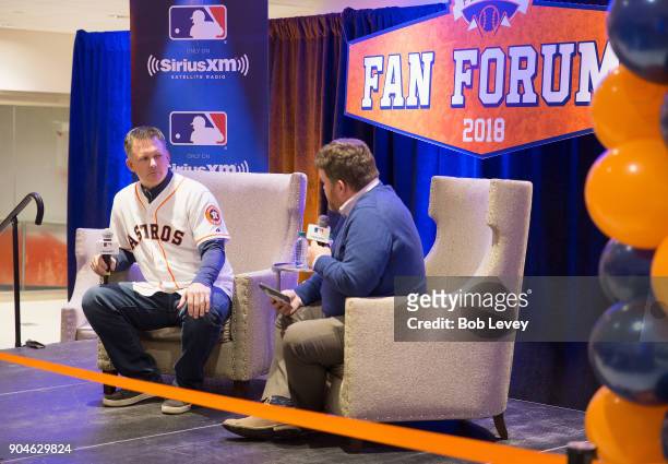 Hinch and SiriusXM radio host Mike Ferrin attend SiriusXM Town Hall With Houston Astros World Series Manager A.J. Hinch on January 13, 2018 in...